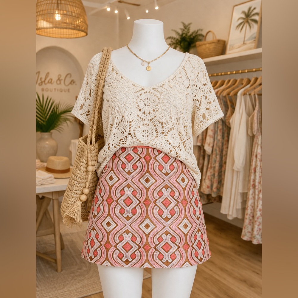 Anthropologie Embroidered Geometric Mini Skirt Size 4 Boho Resort Coral Cream